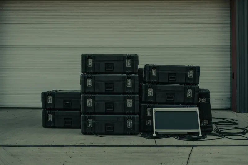 Flight cases, a folded frame and coiled cable looms stacked on a loading apron beside an exhibition hall roller door.