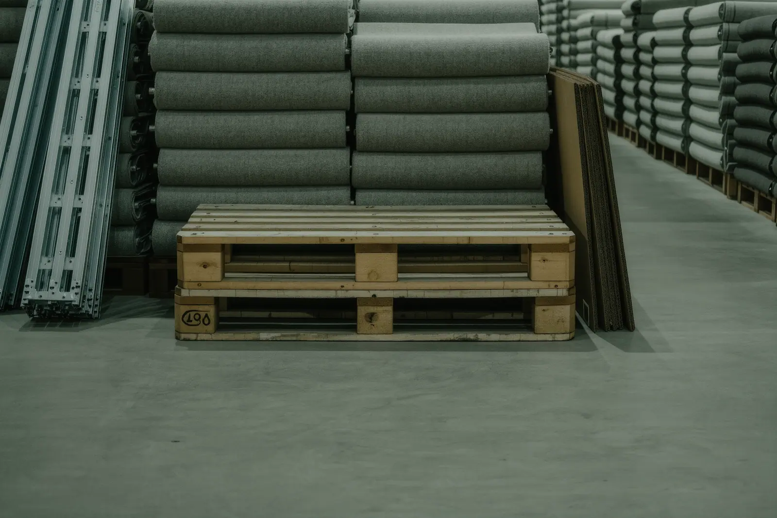 Aluminium truss sections, folded exhibition counters and squared stacks of grey carpet tiles in an exhibition hall aisle, a loaded wooden pallet in the foreground.