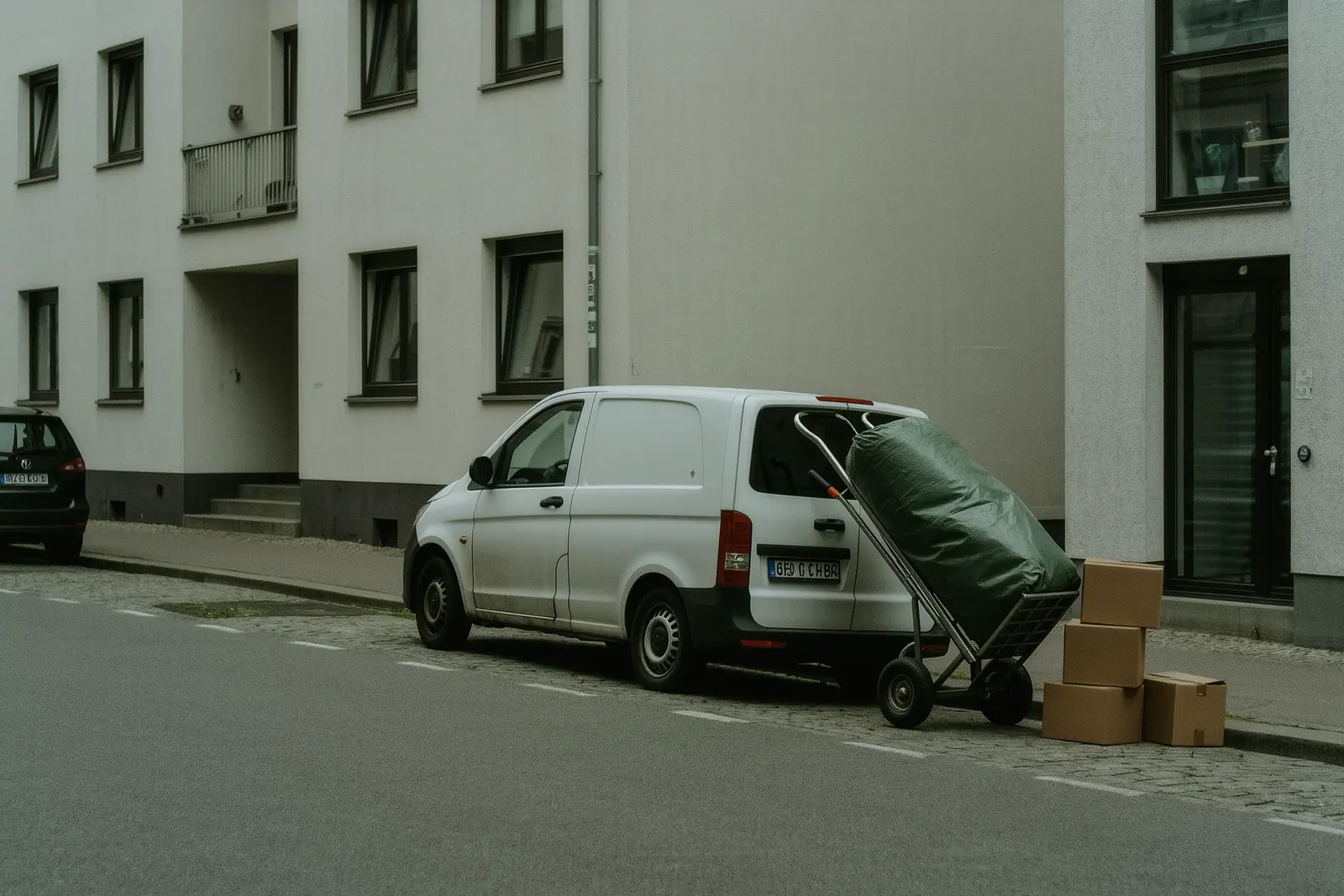 A small white van parked at the kerb of a residential Frankfurt street, a folded sack truck against the rear bumper and stacked cardboard boxes on the pavement.