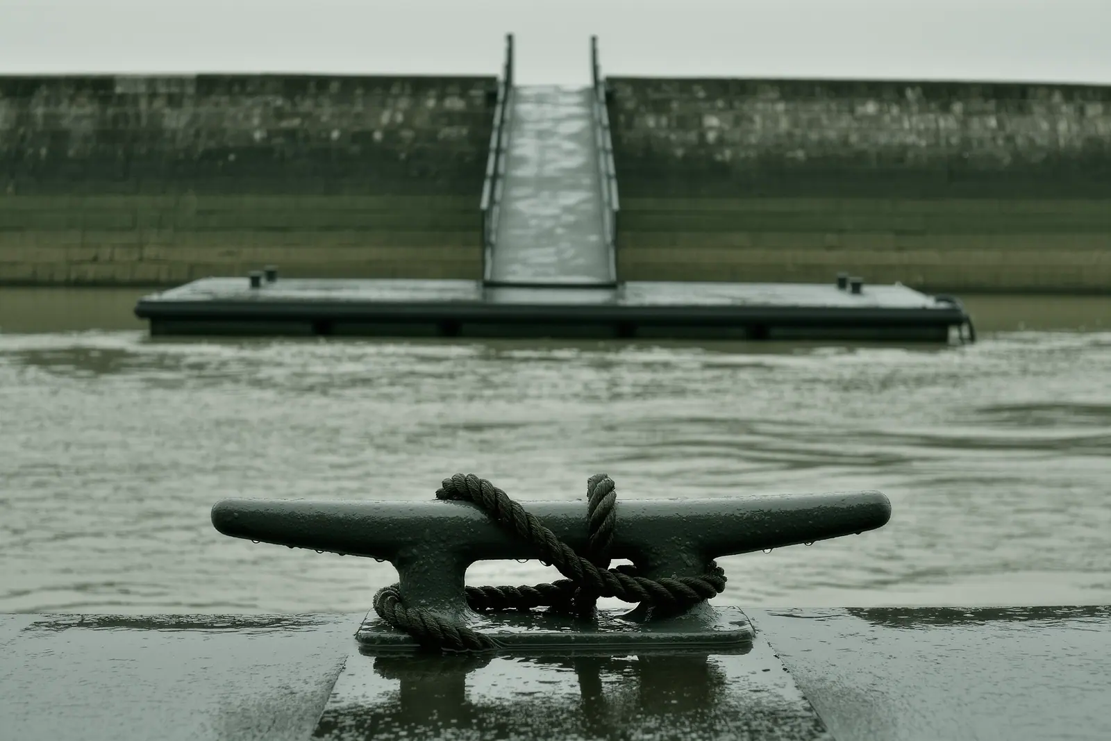 A floating pontoon on the river Main, a steel cleat with a wet mooring line turned around it in the foreground and a hinged gangway to the stone embankment wall.